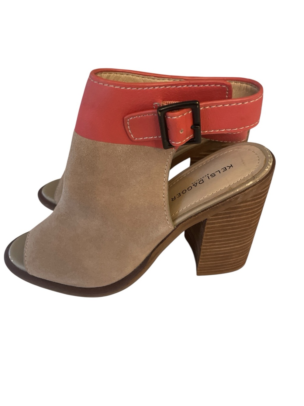 Kelsi Dagger Taupe Suede & Coral Leather Block Heel Sandal size 8.5